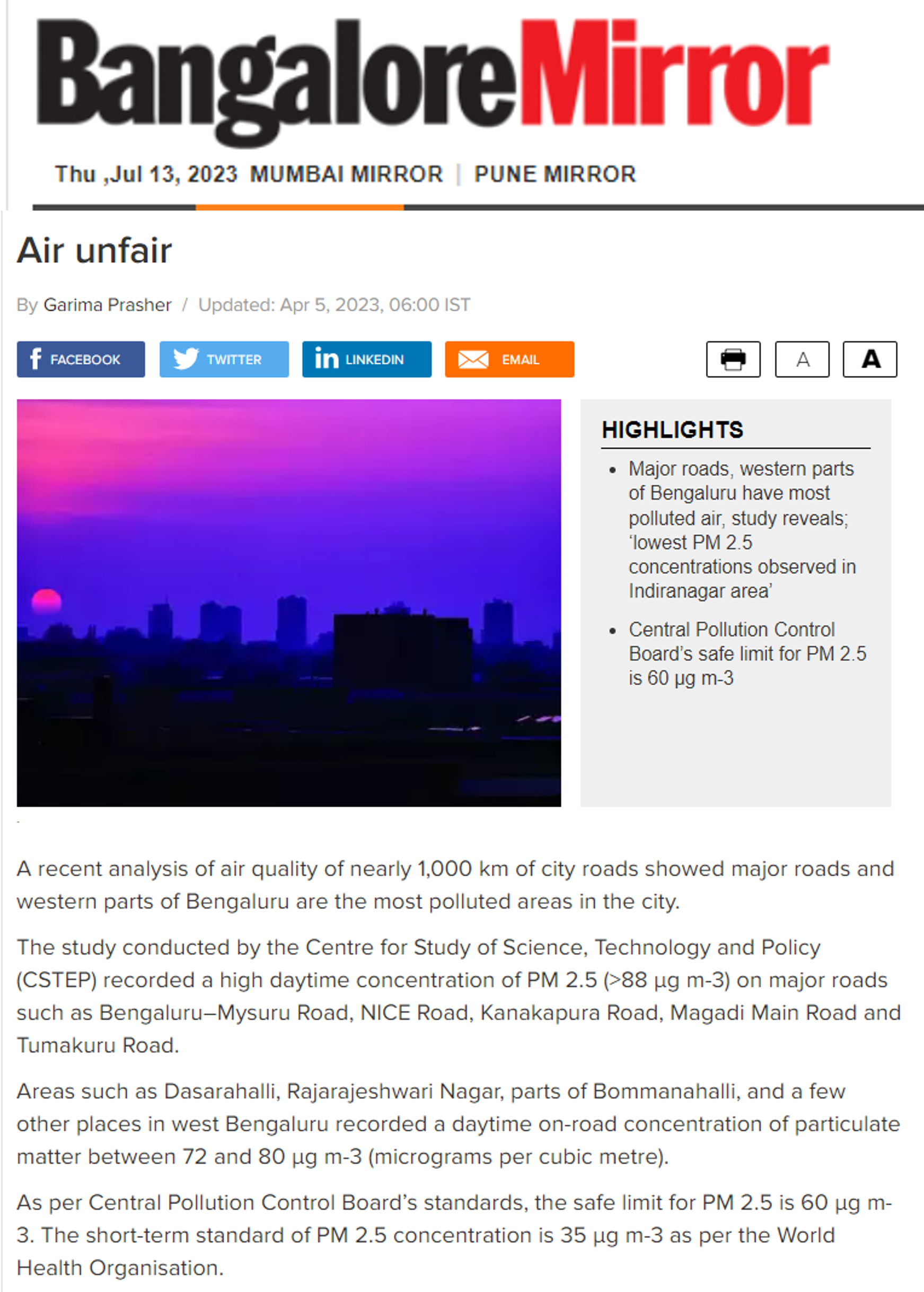 CSTEP’s study mentioned in and Dr Pratima Singh quoted by Bangalore Mirror on air pollutants over Bengaluru city roads